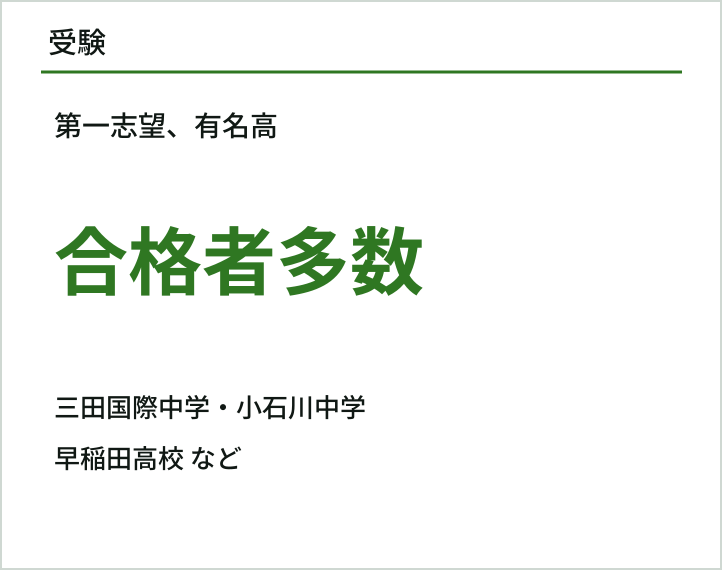 受験。第一志望、有名高合格者多数。三田国際中学、小石川中学、早稲田高校など。
