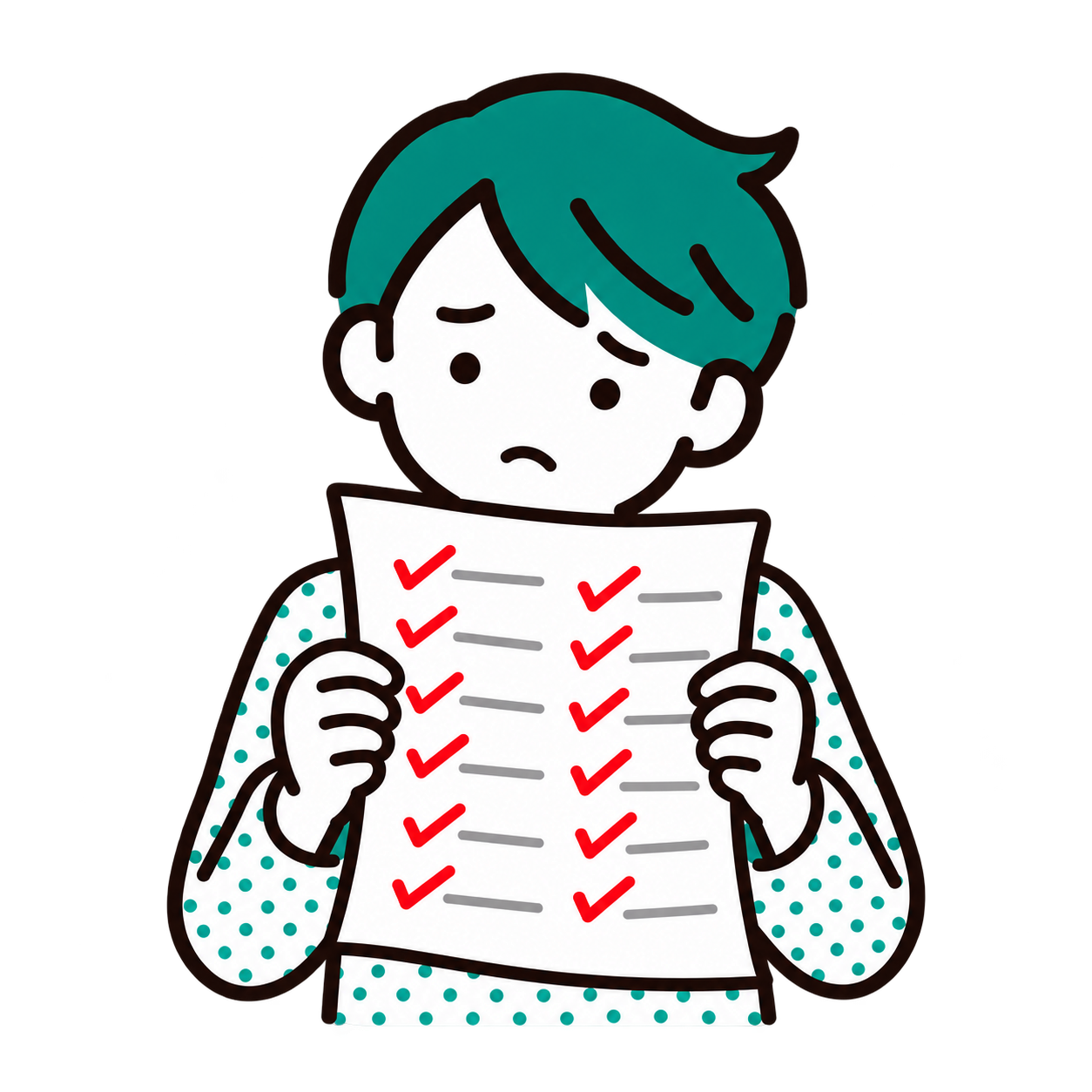 チェックの多いテスト用紙を手に不満そうにする生徒のイラスト